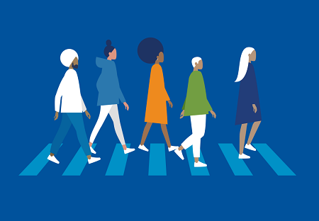 5 people crossing the street, similar to the album cover of Abbey Road by the Beatles